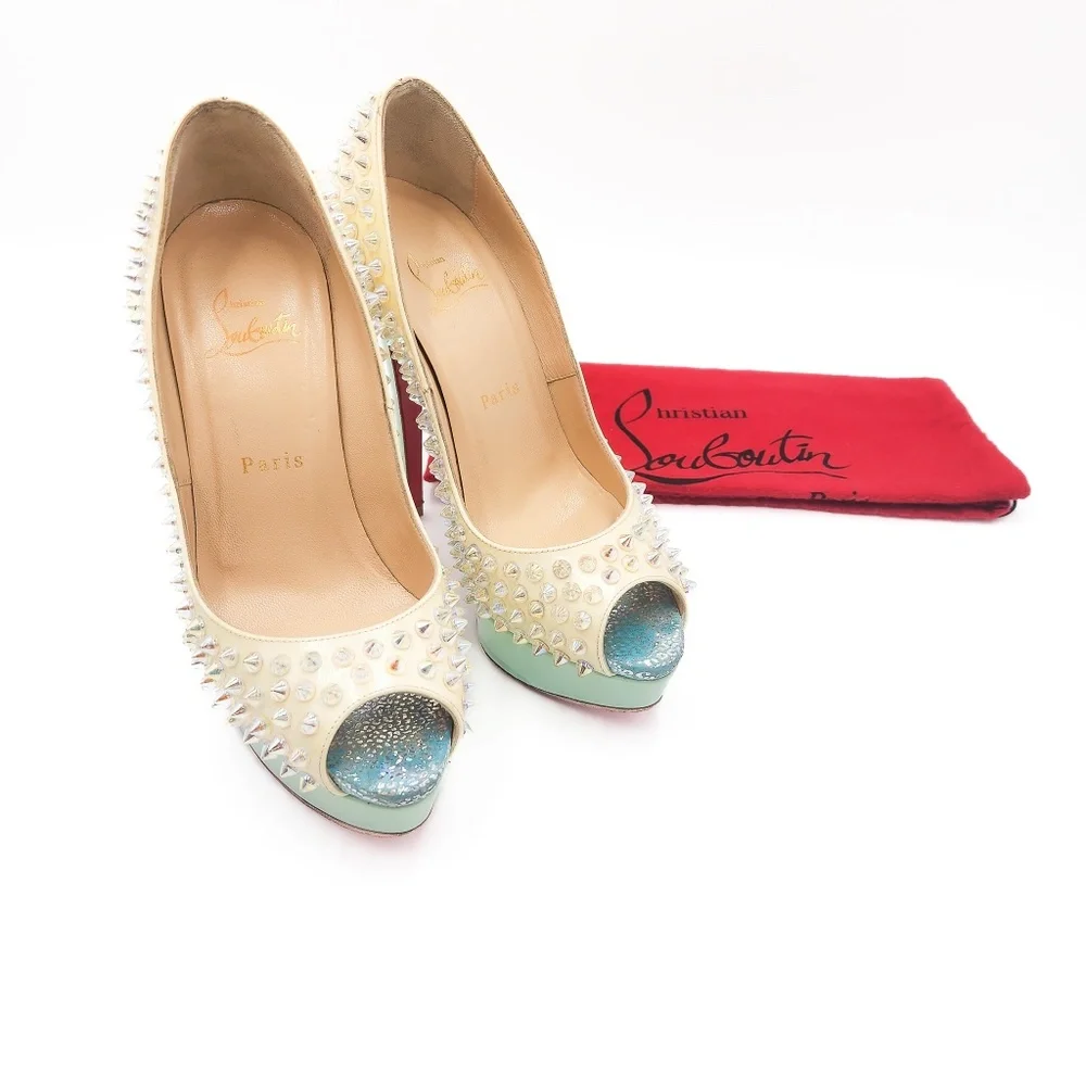 Christian Louboutin Off White Spiked Platform Peep-Toe Pumps Heels EU 37 - Picture 9 of 9